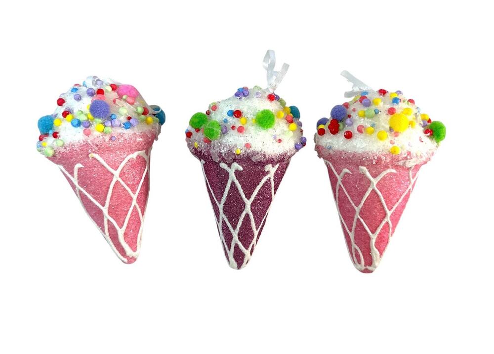 Set of 3 Ice Cream Cone Christmas Ornaments Glitter Pom Pom Candy 4”